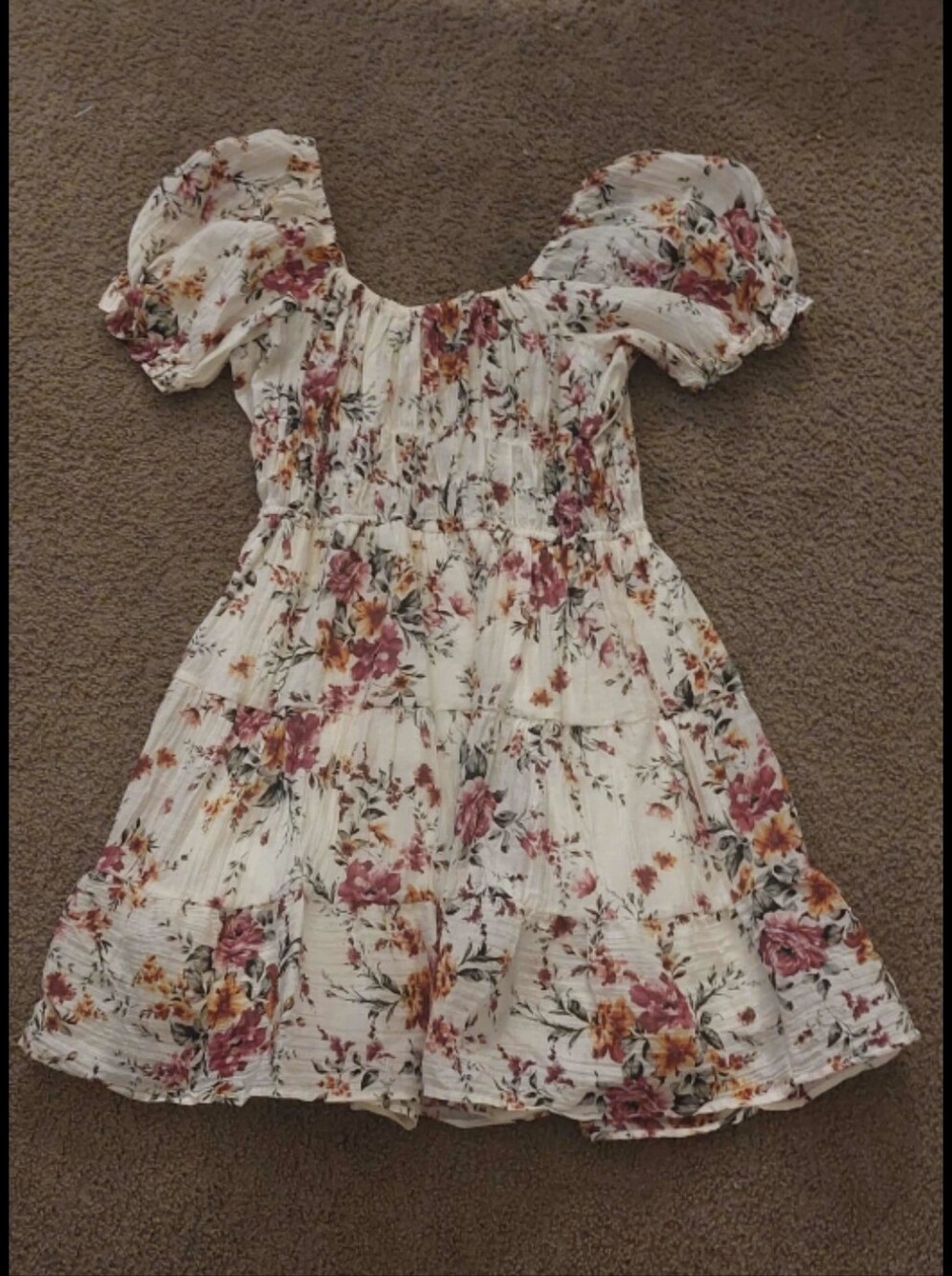 Liberty Love White Floral Puff-Sleeve Dress with Pink and Orange Blooms